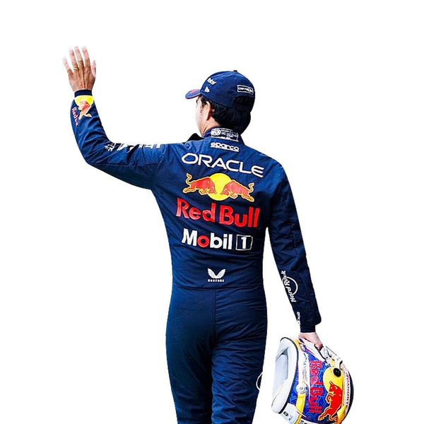 Back view of the Sergio Perez 2024 F1 racing suit, displaying its advanced stitching, flexible fabric, and streamlined design for aerodynamic performance