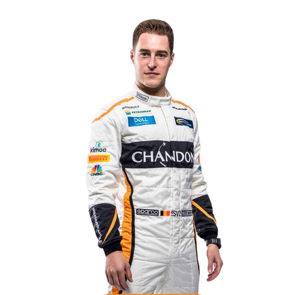 Close-up of the chest area on Stoffel Vandoorne’s 2017 racing suit, highlighting detailed sponsor embroidery and premium craftsmanship