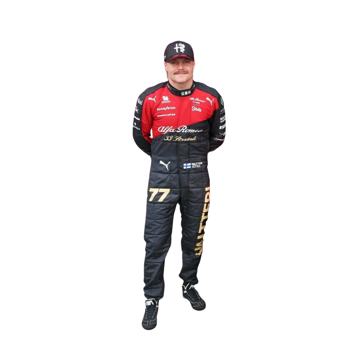 Valtteri Bottas' 2023 Italian GP F1 racing suit front view featuring a matte black base with vivid green accents and bold white sponsor branding, worn during the Monza race weekend. Main image