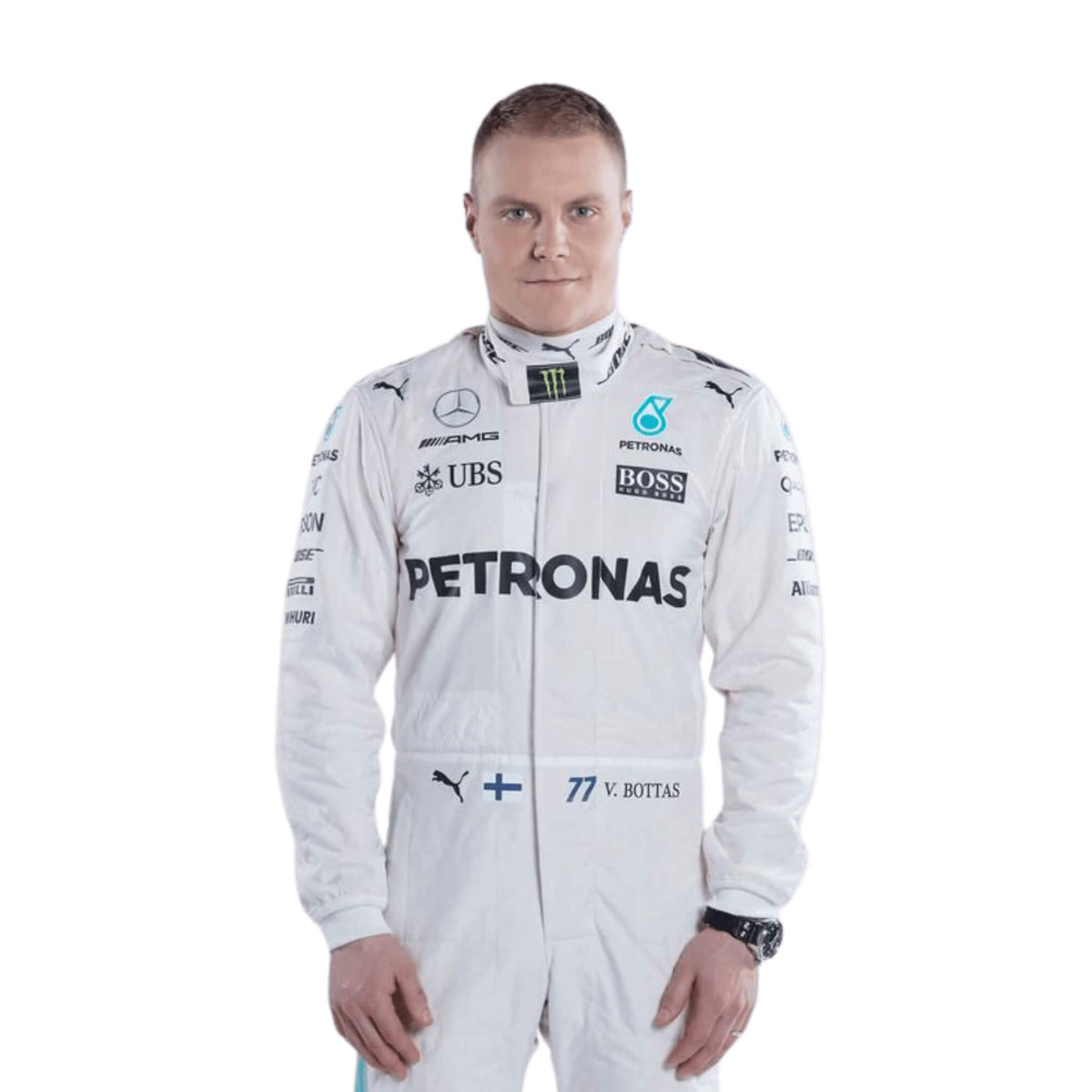 Close-up of the chest area on Valtteri Bottas’ 2017 racing suit, highlighting embroidered logos and fine detailing
