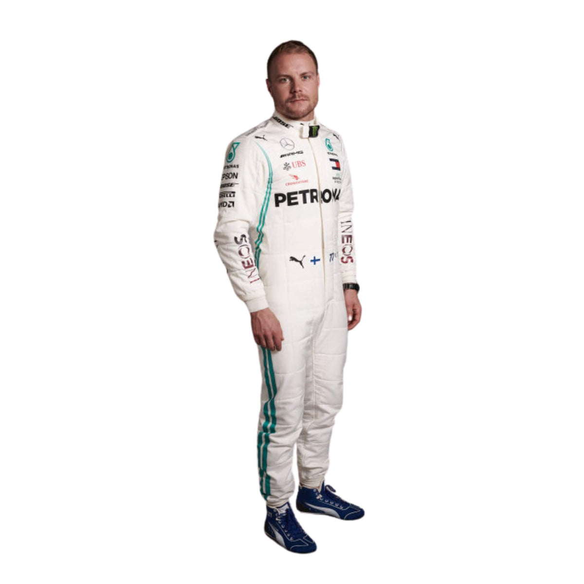 Valtteri Bottas 2019 F1 suit – front view, modern design with clean lines, popular among racing memorabilia collectors. Main image