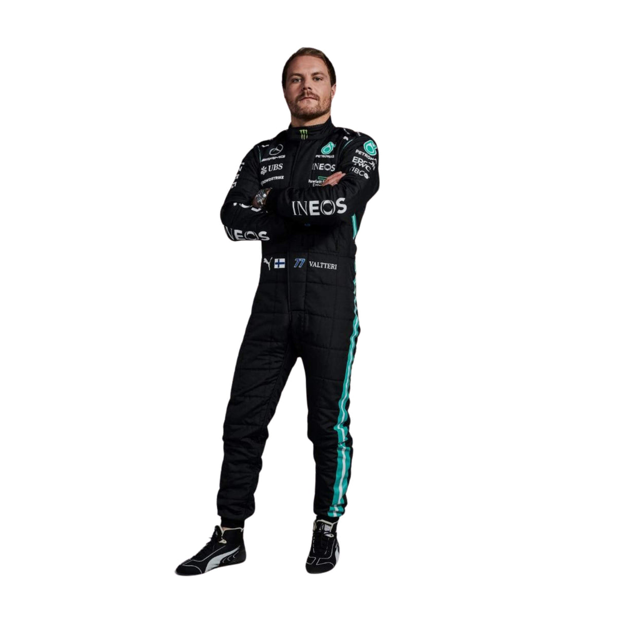 2021 F1 Racing Suit Valtteri Bottas Front View, Black and Silver Design, Full Zipper Closure Main image
