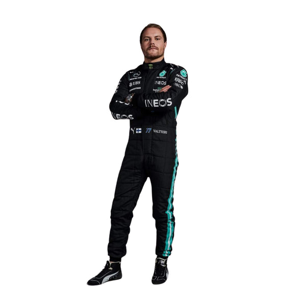 2021 F1 Racing Suit Valtteri Bottas Front View, Black and Silver Design, Full Zipper Closure