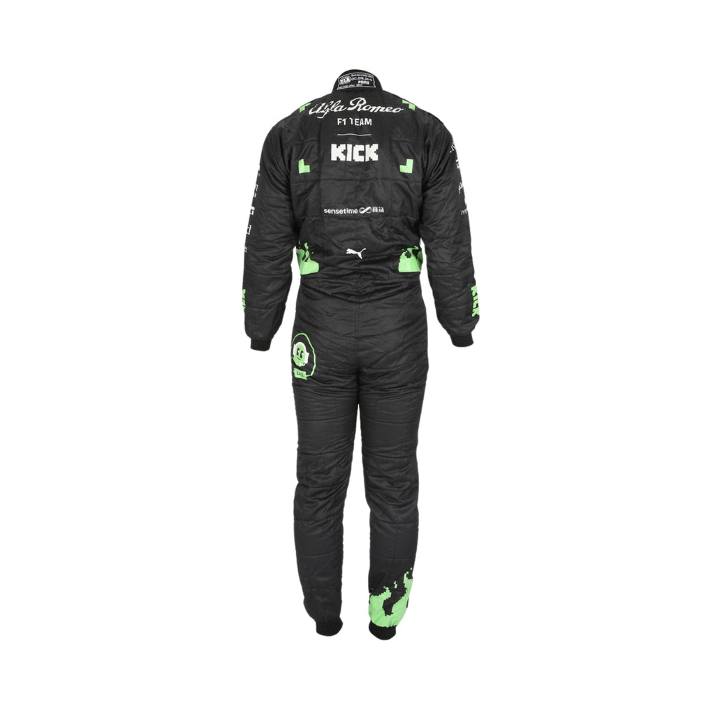 Rear view of Bottas' 2023 Belgian Grand Prix racing suit displaying the continuation of the black, red, and neon green color scheme with prominently placed sponsor logos and aerodynamic paneling.