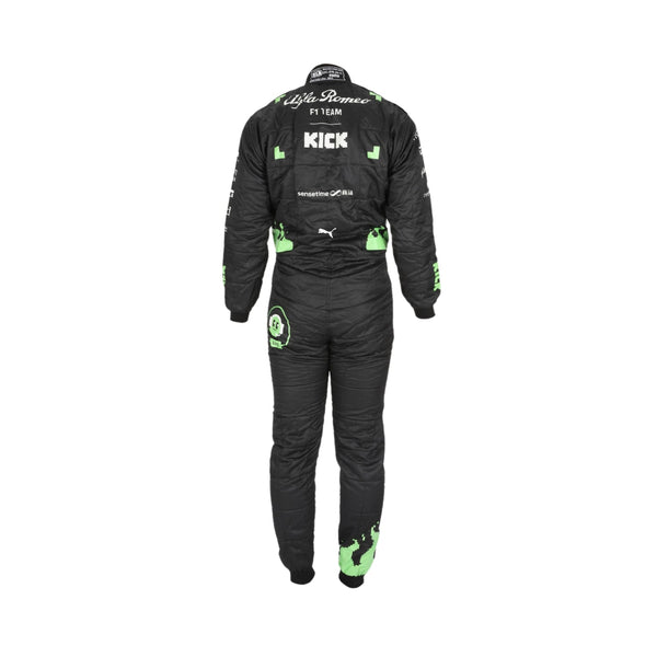 Rear view of Bottas' 2023 Belgian Grand Prix racing suit displaying the continuation of the black, red, and neon green color scheme with prominently placed sponsor logos and aerodynamic paneling.