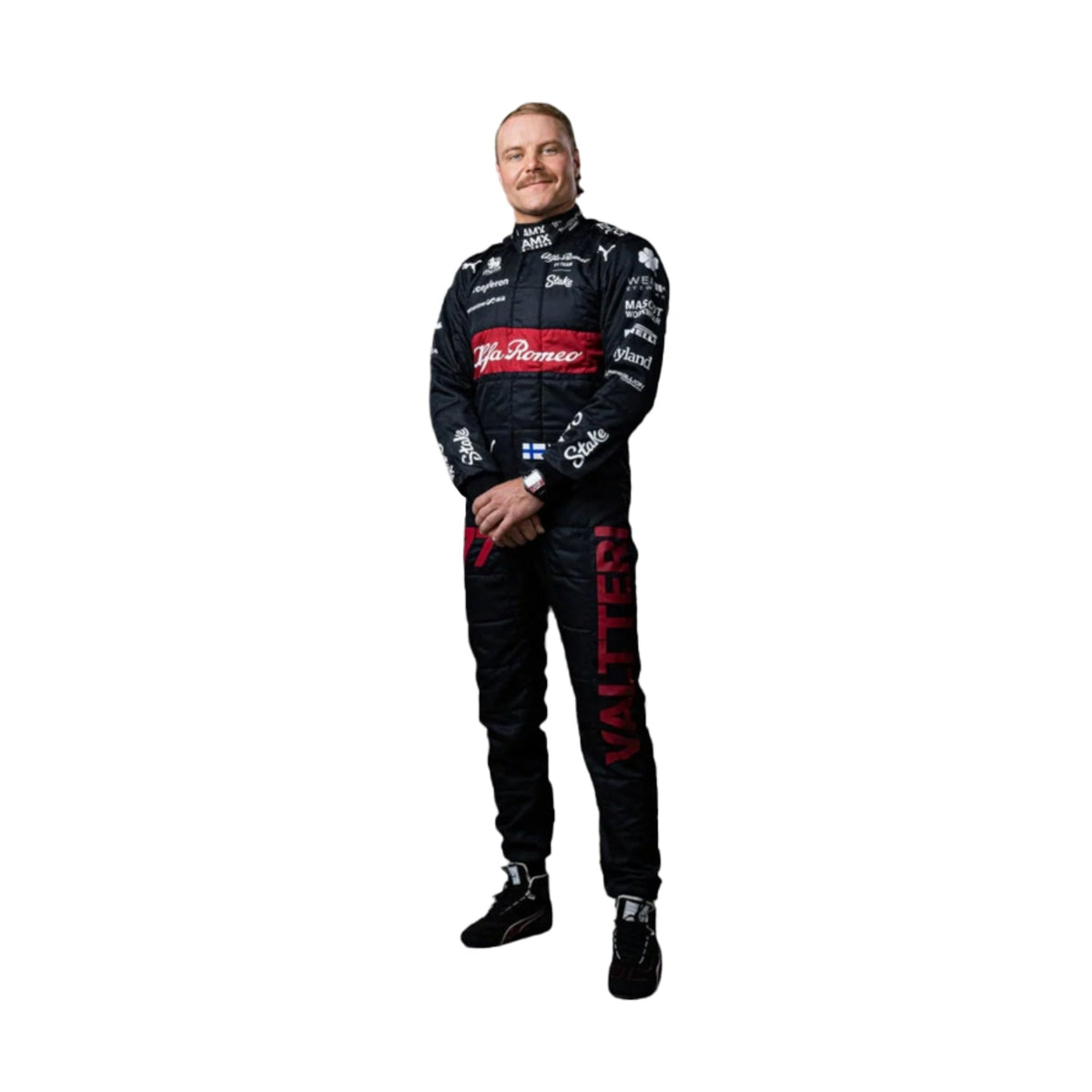 Valtteri Bottas' 2023 Japanese Grand Prix F1 racing suit front view featuring a black base with red and white accents on the shoulders and sides, complemented by sponsor logos, showcasing a sleek and modern design. Main image