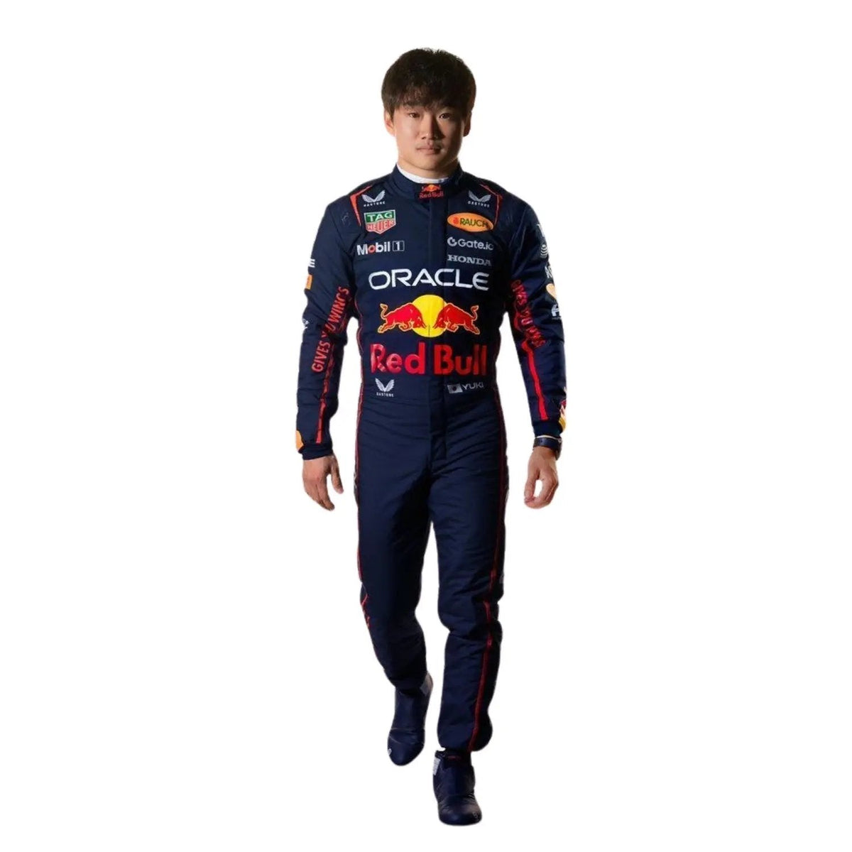 Yuki Tsunoda's 2025 Abu Dhabi Grand Prix race suit front view, featuring a predominantly bllue design with red side panels and green accents around the shoulders and collar. Main image