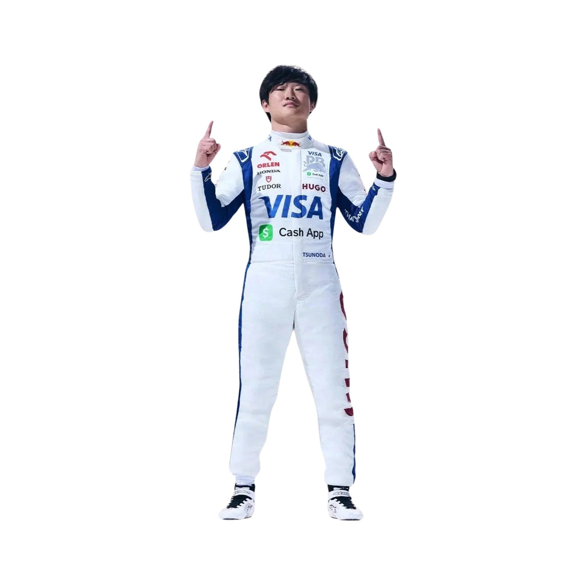 Front view of Yuki Tsunoda's 2024 F1 racing suit in blue and white with green accents, showcasing a modern design with sponsor logos.