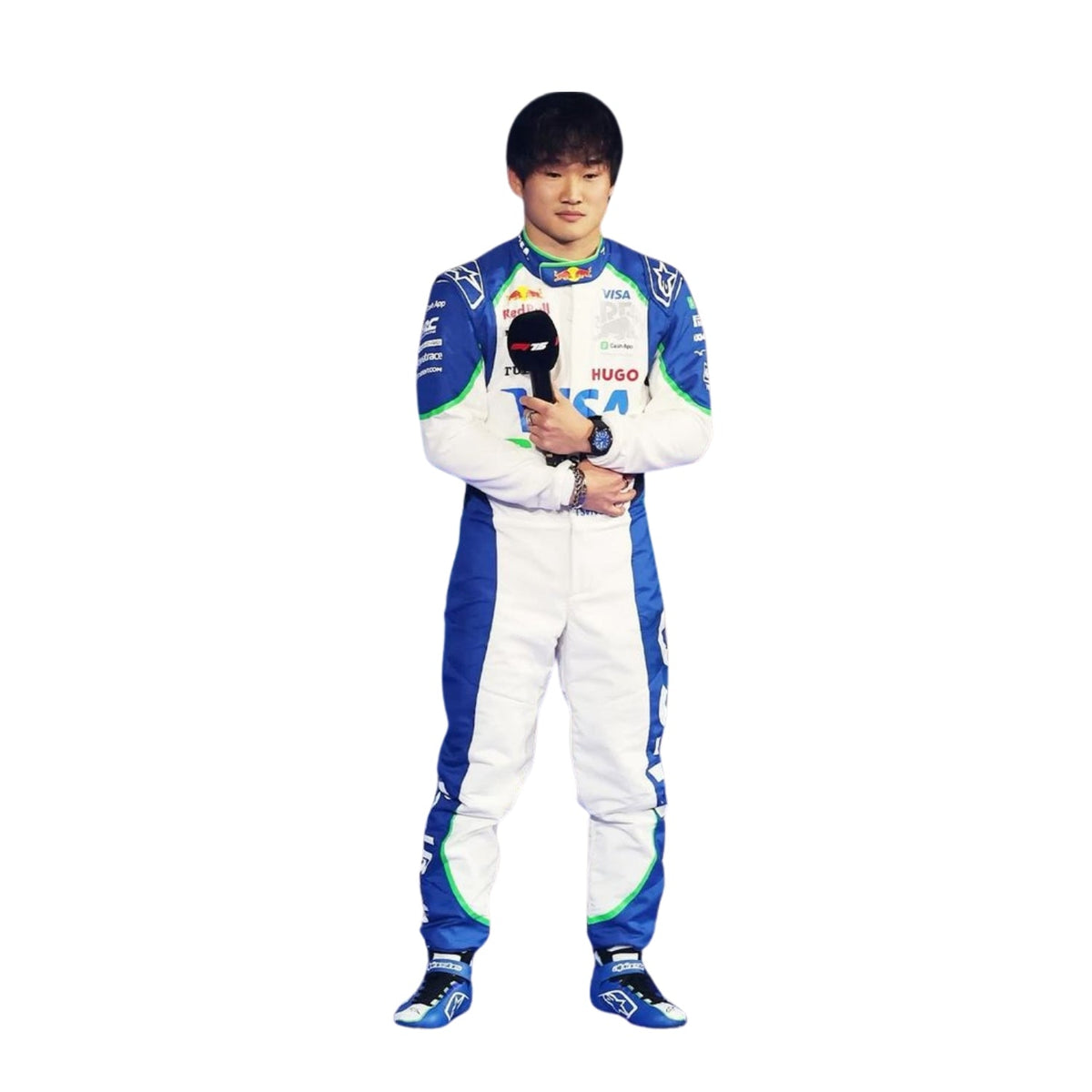 Front view of Yuki Tsunoda's 2025 F1 racing suit in white with blue side panels and green accents around the shoulders and collar, featuring sponsor logos. Main image