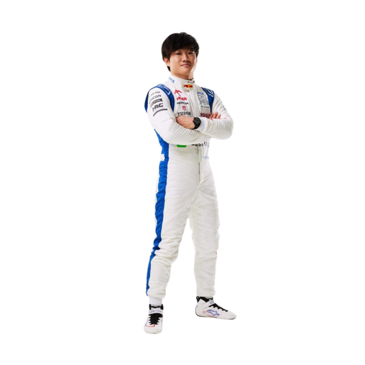 Left Side profile of Yuki Tsunoda's 2024 F1 racing suit, highlighting the blue and white fabric with green stripes along the sides. Main image