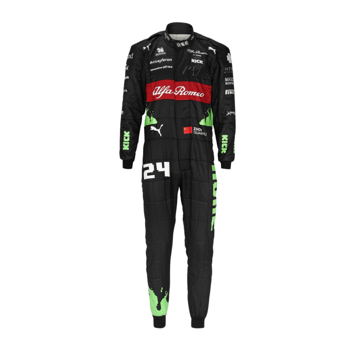 Zhou Guanyu's 2023 Belgian Grand Prix F1 racing suit front view featuring a black base with red and bright green accents on the shoulders and sides, complemented by sponsor logos, showcasing a sleek and modern design. Main image