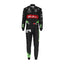 Zhou Guanyu's 2023 Belgian Grand Prix F1 racing suit front view featuring a black base with red and bright green accents on the shoulders and sides, complemented by sponsor logos, showcasing a sleek and modern design.