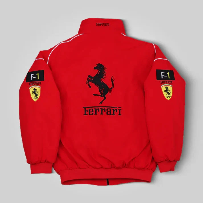 Red Ferrari F1 Racing jacket with various logos on a white background Speedxgear