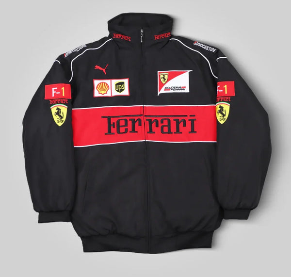 Front view of Black Ferrari F1 Racing Jacket - Speedxgear