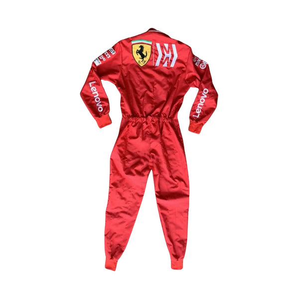 Rear view of the 2019 Ferrari F1 race suit worn by Charles Leclerc, showcasing the large shield and 'Mission Winnow' branding.

