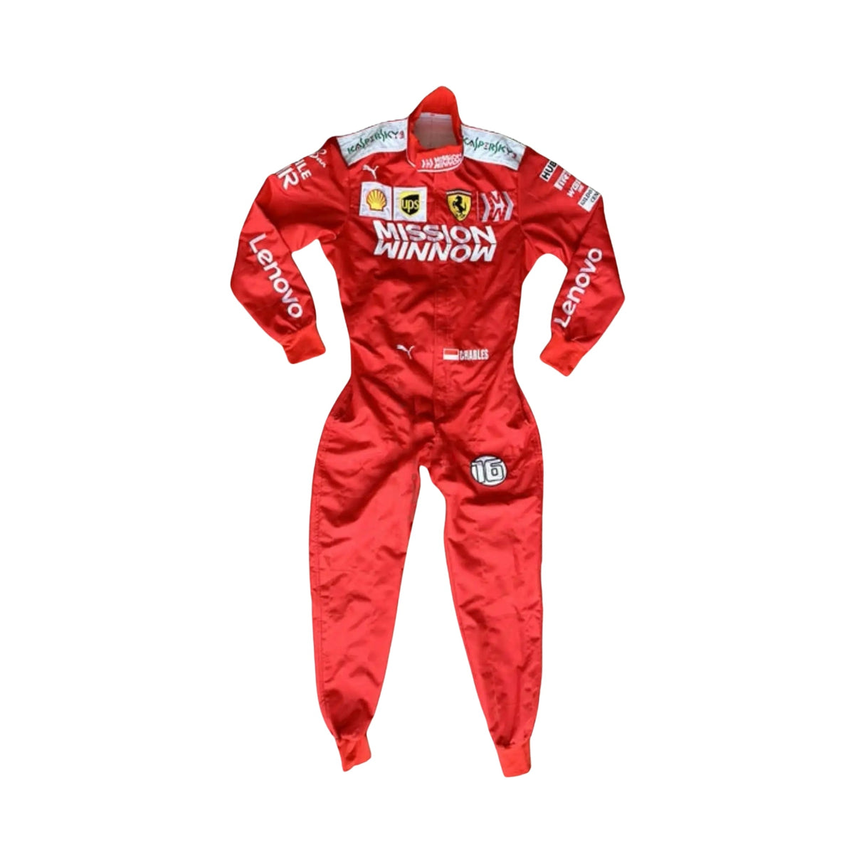 Front view of Charles Leclerc's 2019 Scuderia Mission Winnow race suit, featuring prominent red design with logos.