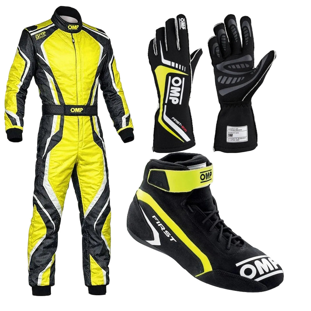 Yellow OMP Kart Racing Suit, Racing Gloves & Racing Shoes - Speedxgear