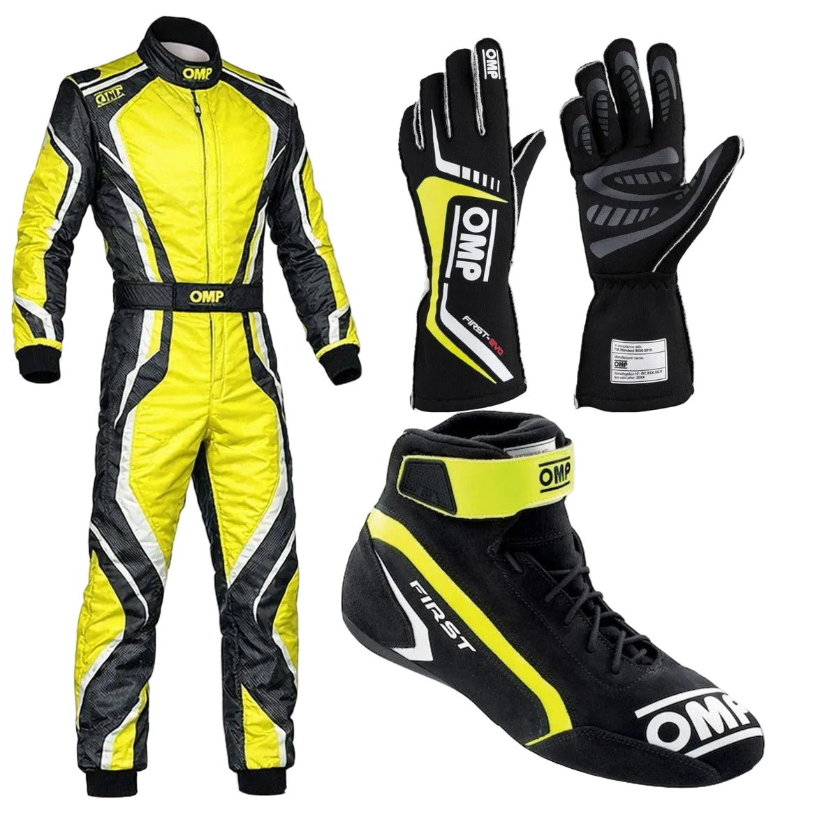Yellow OMP Kart Racing Suit, Racing Gloves & Racing Shoes - Speedxgear