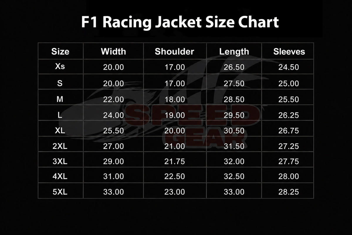 F1 Racing Jacket Size chart - Speedxgear