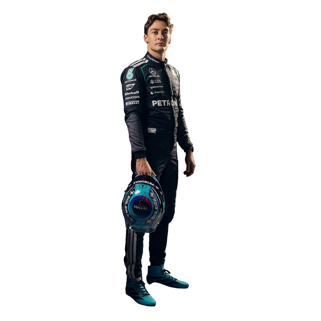 side view of George russell 2026 mercedes f1 racing suit with Petronas branding. Main image