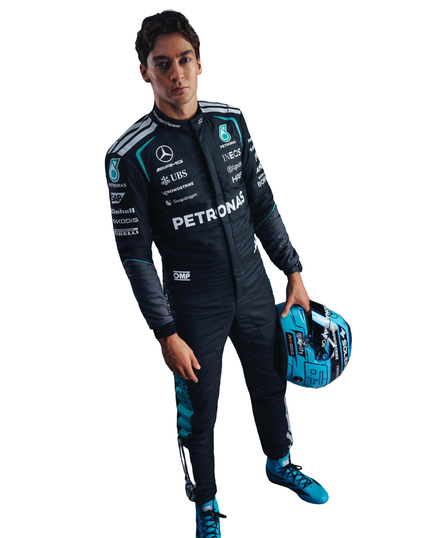 George russell 2026 mercedes f1 racing suit with Petronas branding.