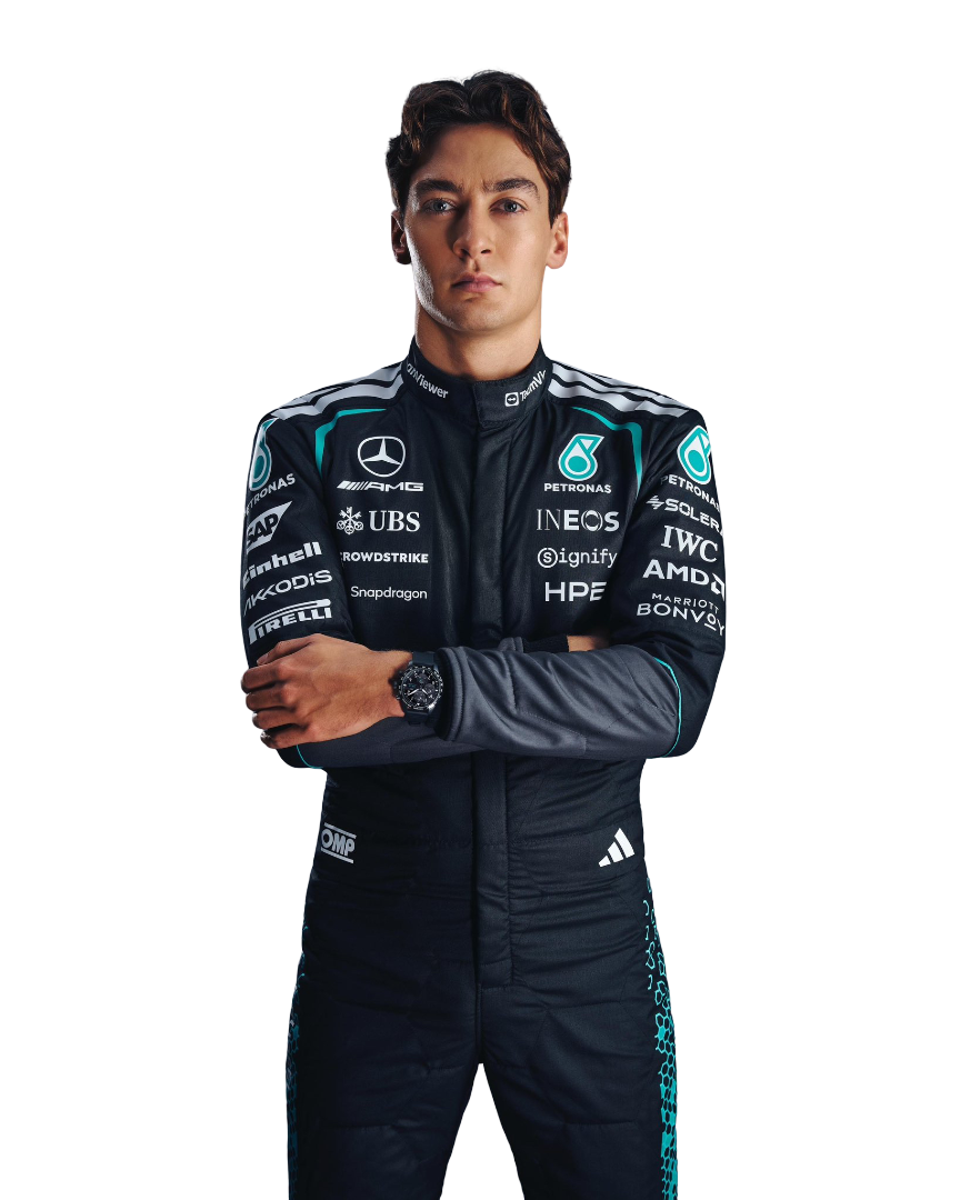 front view of George russell wearing a 2026 mercedes f1 racing suit with amg Petronas branding.