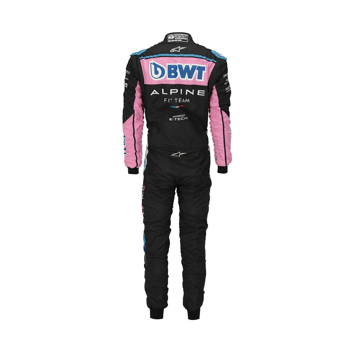 Rear view of Pierre Gasly’s 2023 F1 racing suit, emphasizing the intricate sponsor placements and back design that enhances comfort and agility for high-speed races.