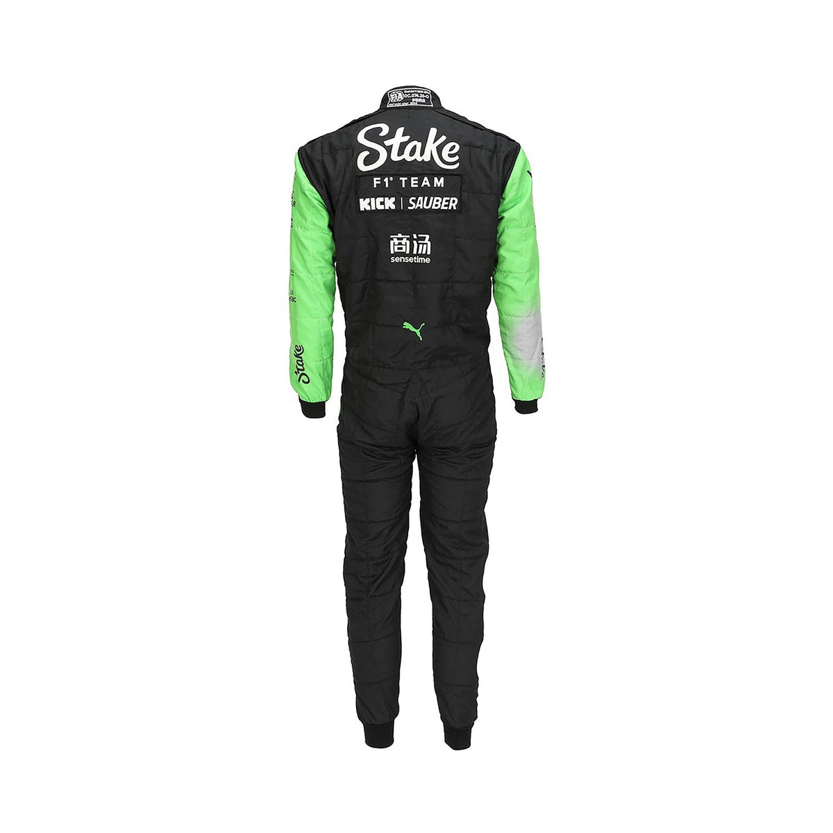 Rear view of the 2024 F1 race suit worn by Valtteri Bottas, featuring a black base with neon green detailing and sponsor logos.