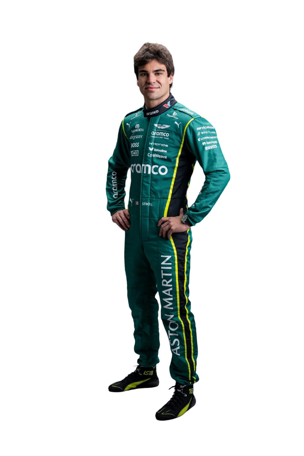 Side profile of the 2026 F1 racing suit worn by Stroll, highlighting precision fit contours, side ventilation zones, and sleek branding design.