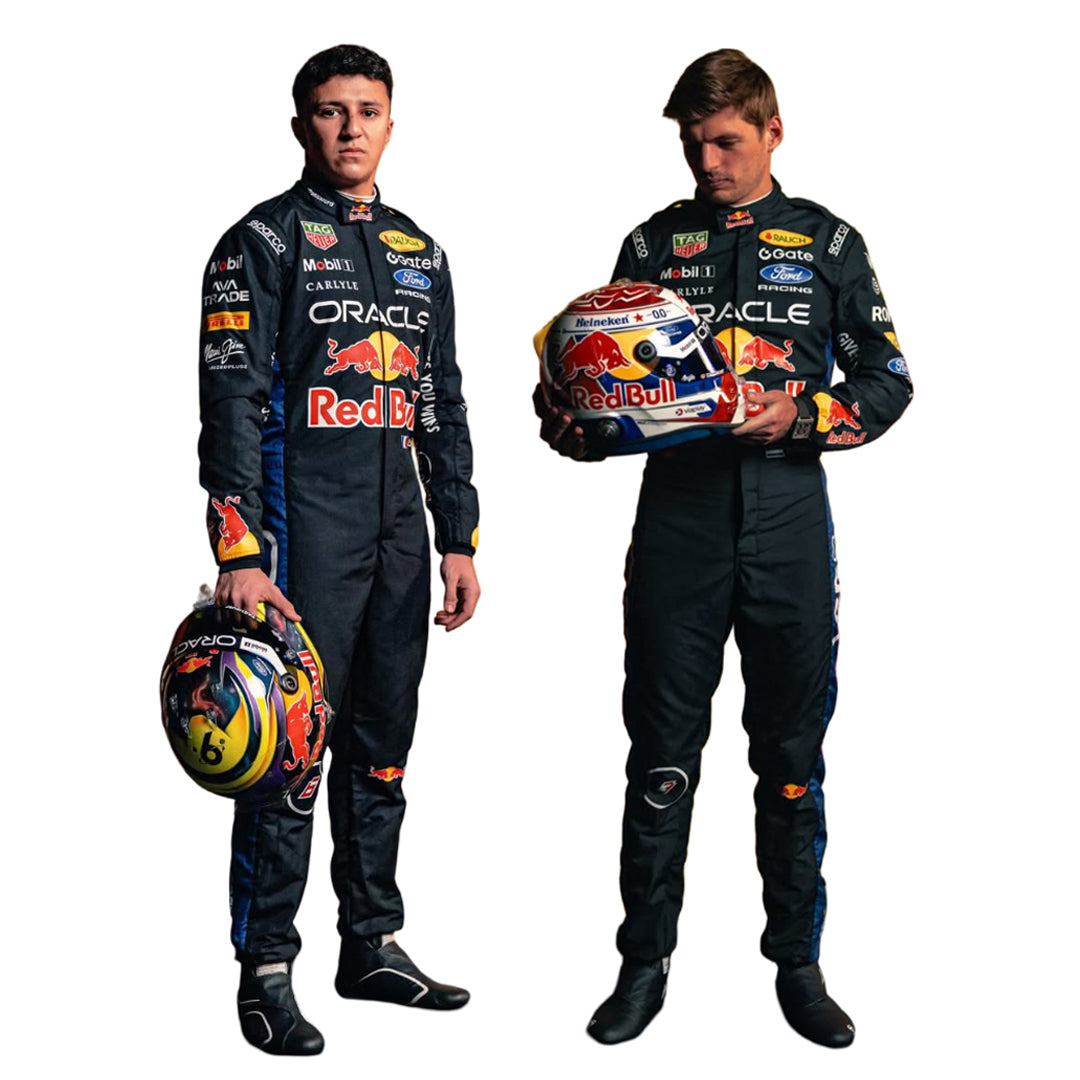 Front view of 2026 F1 racing costume worn by Max Verstappen and Isack Hadjar featuring aggressive contour lines, dynamic stretch zones, and precision sponsor placement in navy and crimson tones in speedxgear Main image