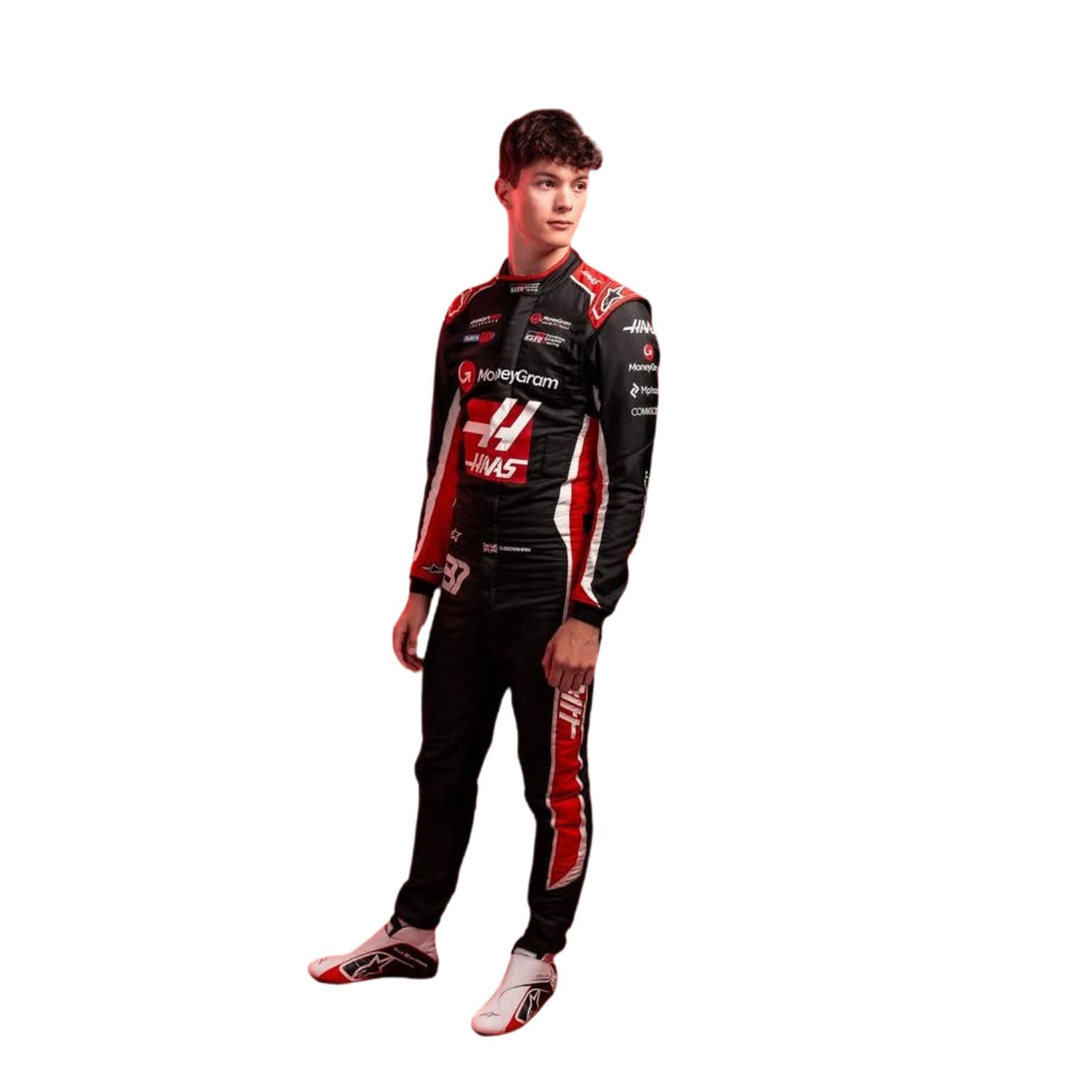 Oliver Bearman 2025 Haas F1 Racing Suit Front View, White and Red Design with Haas and Sponsor Logos Main image