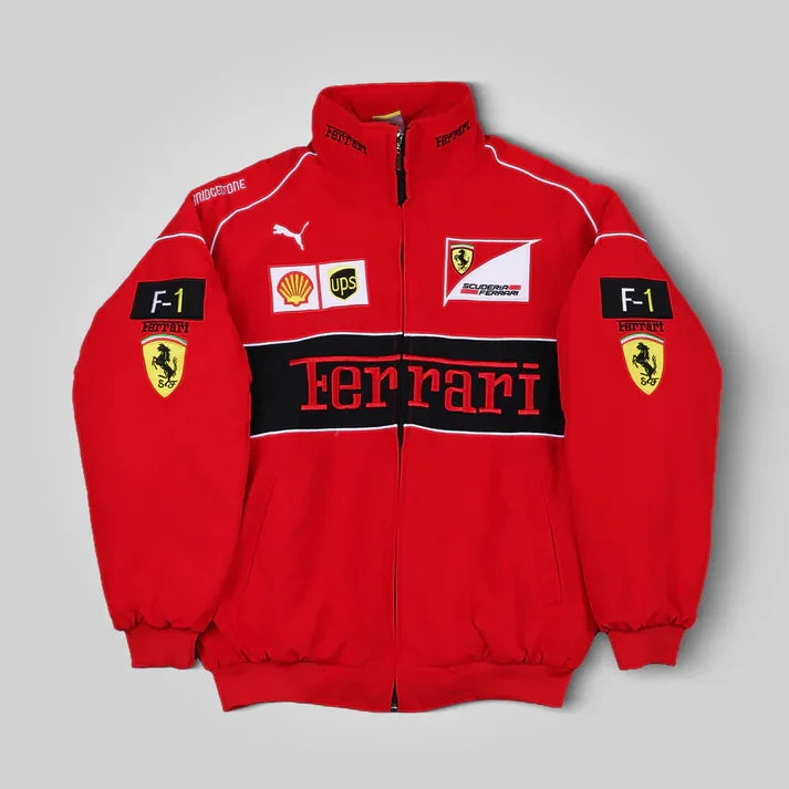 Red Ferrari jacket with various logos on a white background Speedxgear