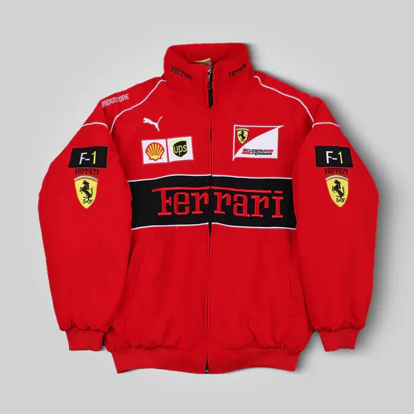Red Ferrari jacket with various logos on a white background Speedxgear