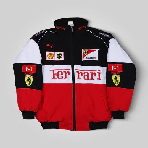 Ferrari F1 Racing jacket in Multi color with various logos on a white background Speedxgear
